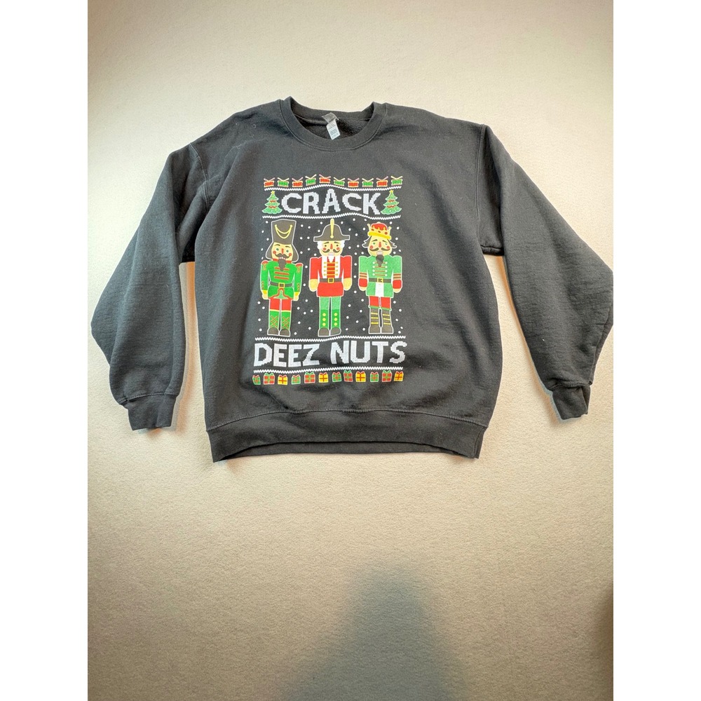 Gildan Crack Deez Nuts Nutcracker Christmas Sweatshirt Black Mens Large